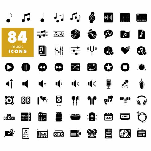 84 Music vector flat glyph icon set cover image.