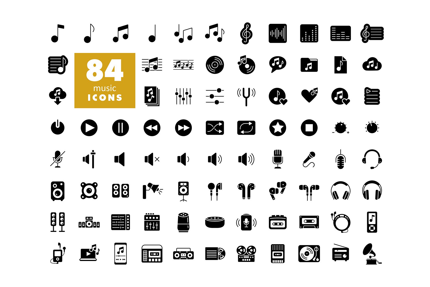84 Music vector flat glyph icon set cover image.