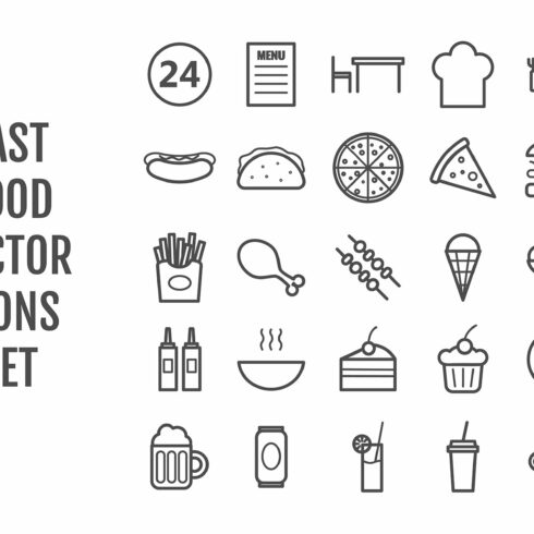 25 vector line fast food icons cover image.