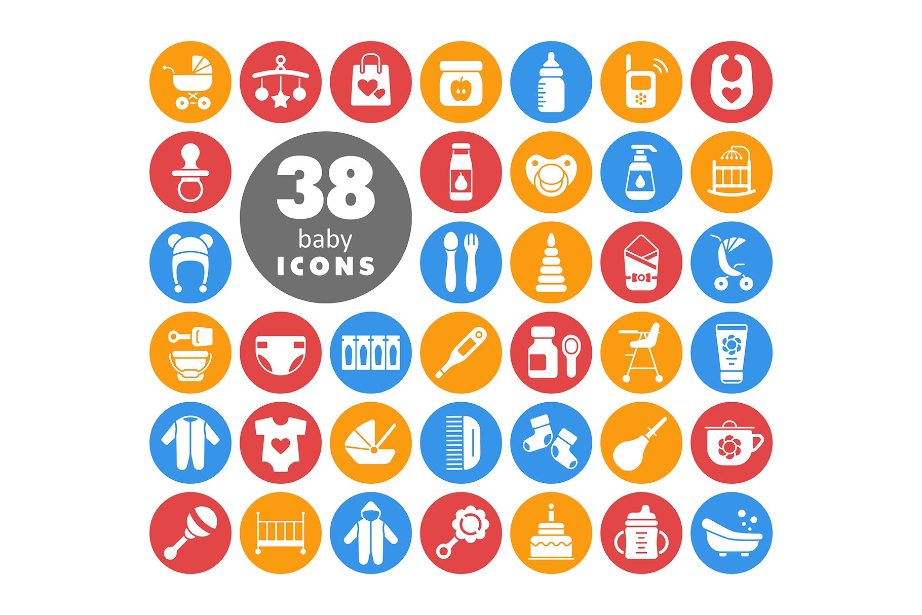 38 Baby, feeding and care icons cover image.