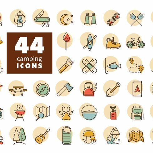 44 Camping, Hiking vector icons cover image.