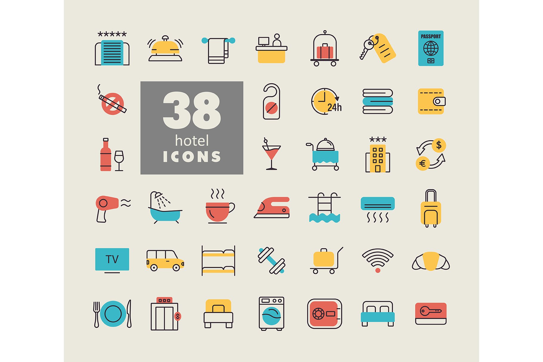 38 Hotel vector icons cover image.