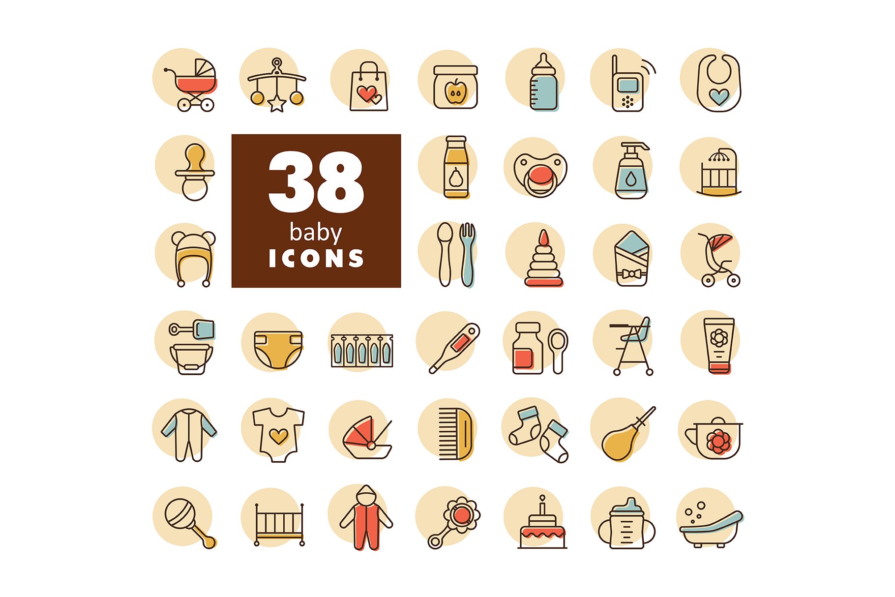 38 Baby, feeding and care icons cover image.