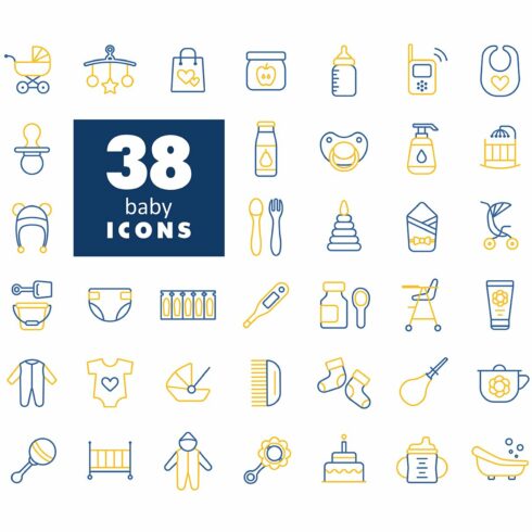 38 Baby, feeding and care icons cover image.