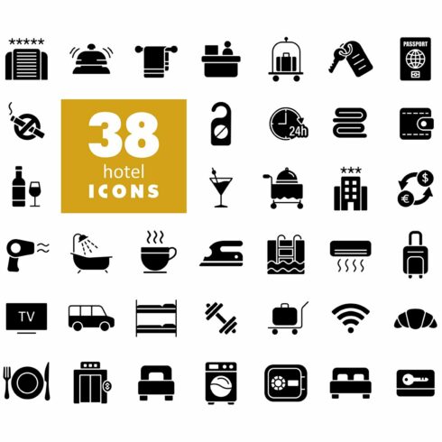 38 Hotel vector glyph icons cover image.