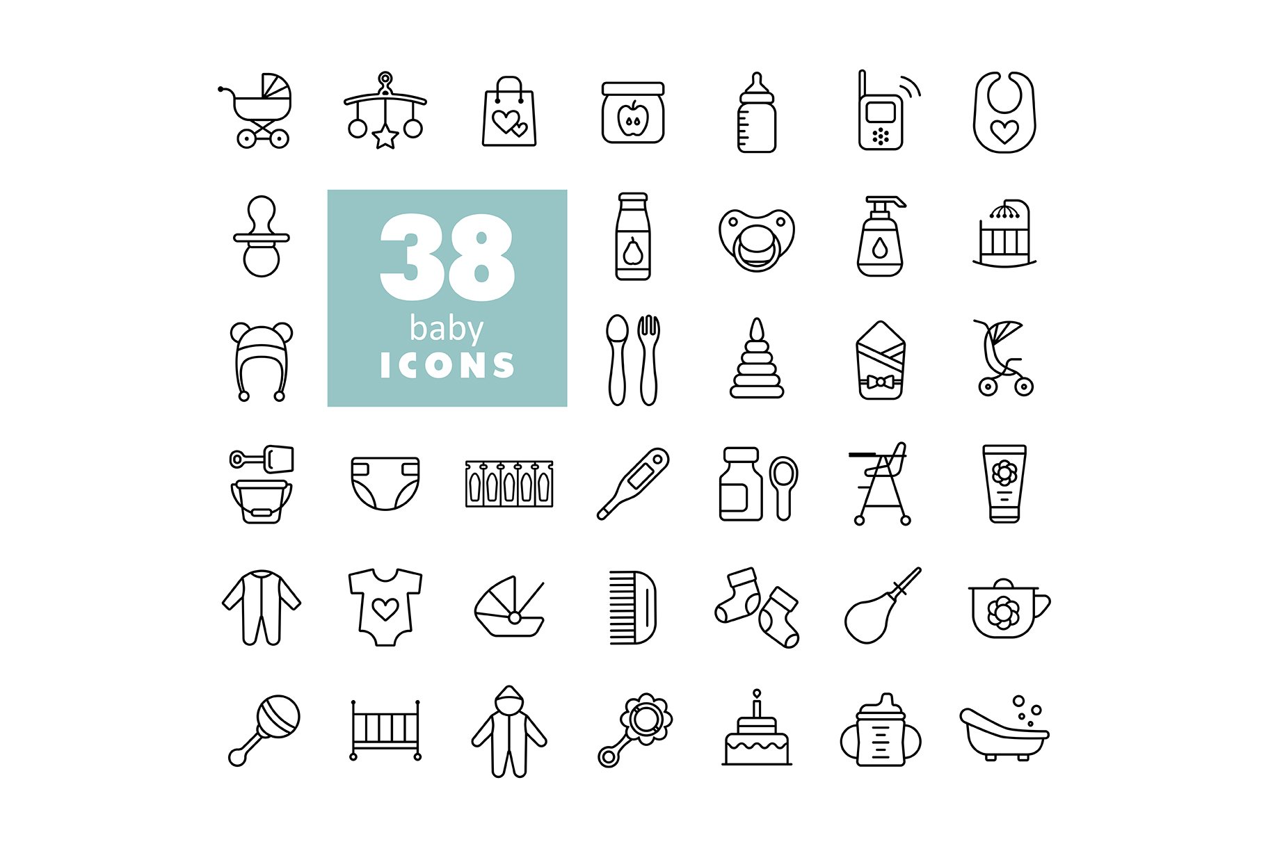 38 Baby, feeding and care icons cover image.