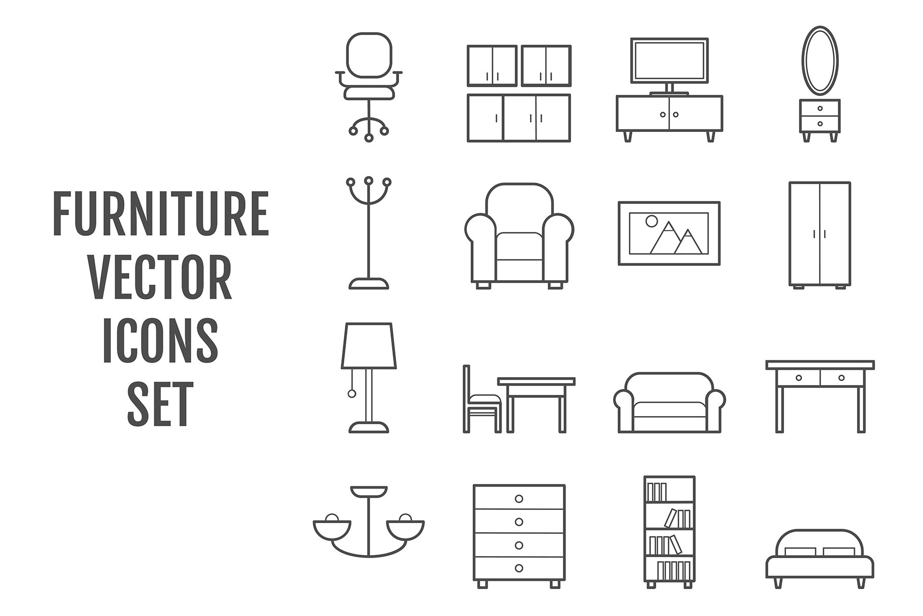 16 vector line furniture icons cover image.