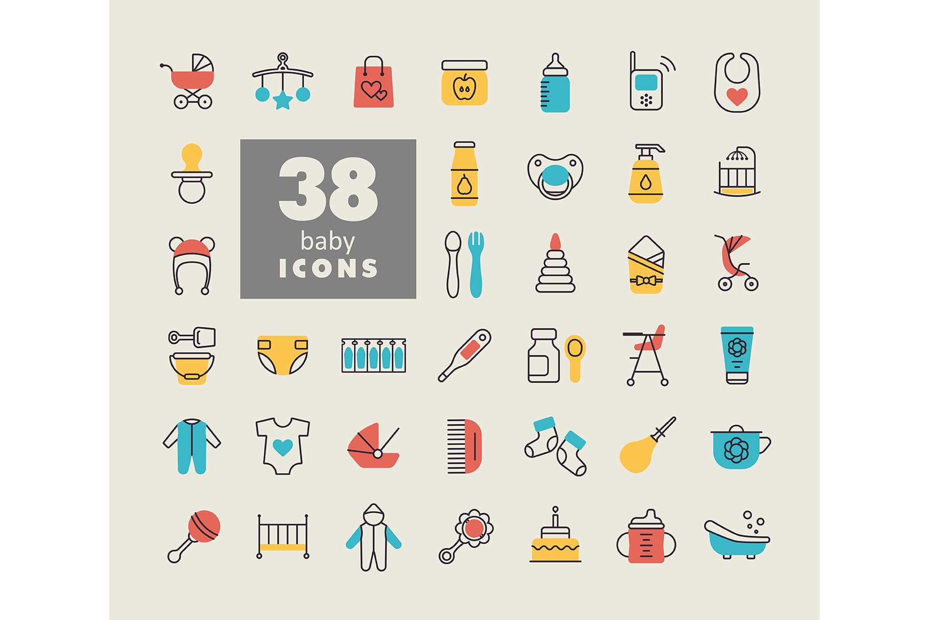 38 Baby, feeding and care icons cover image.