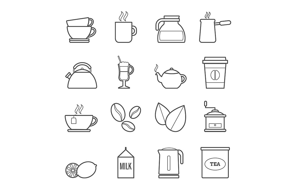 16 vector line tea & coffee icons preview image.