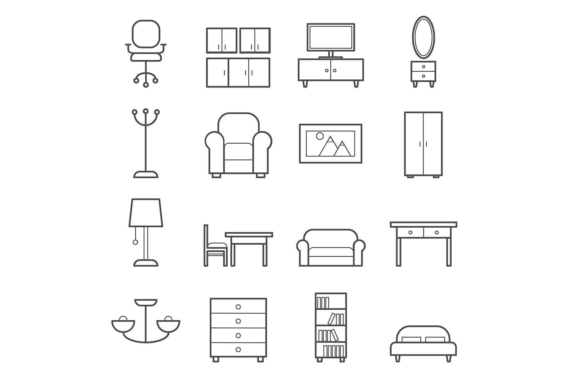 16 vector line furniture icons preview image.