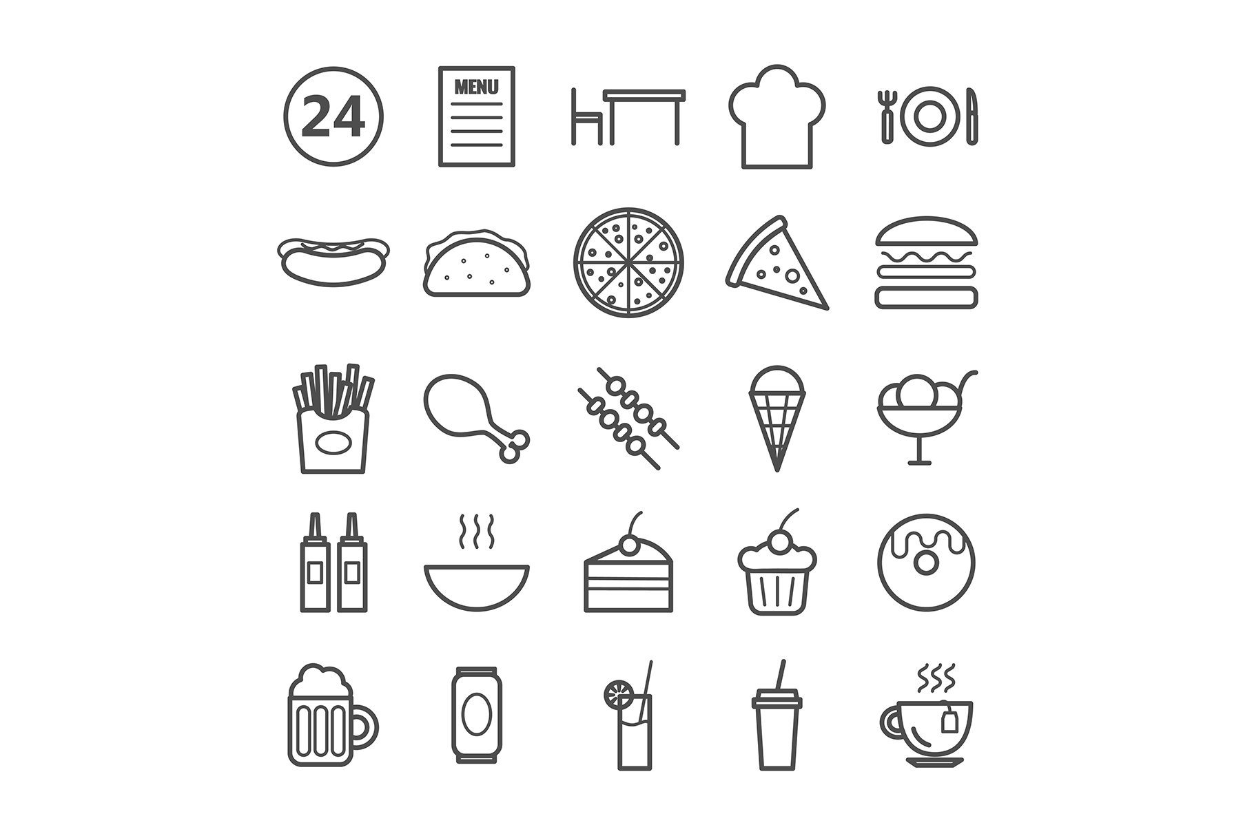 25 vector line fast food icons preview image.