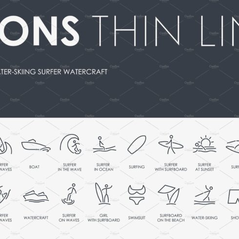 Surfing thinline icons cover image.