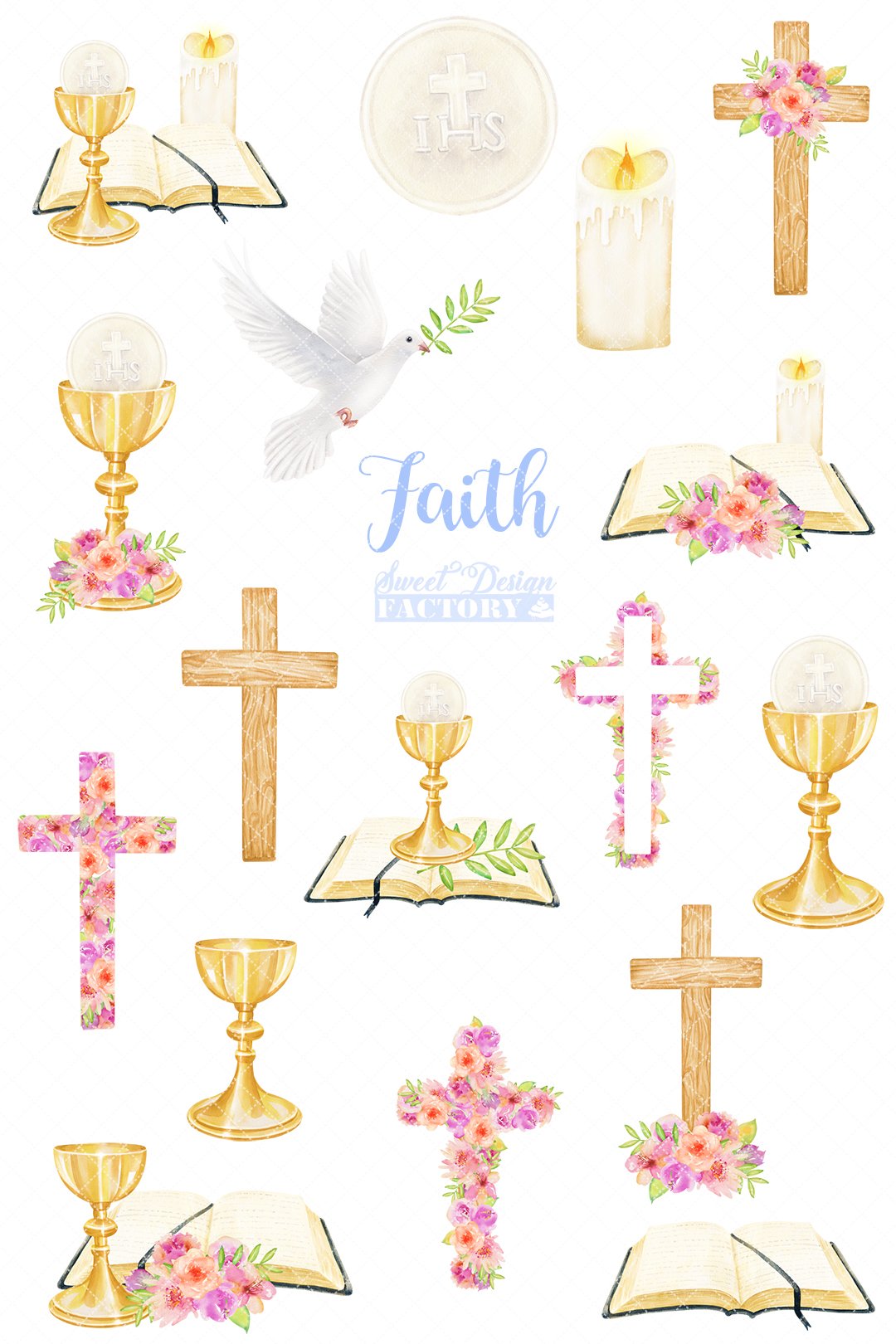 Religious icons watercolor cliparts preview image.