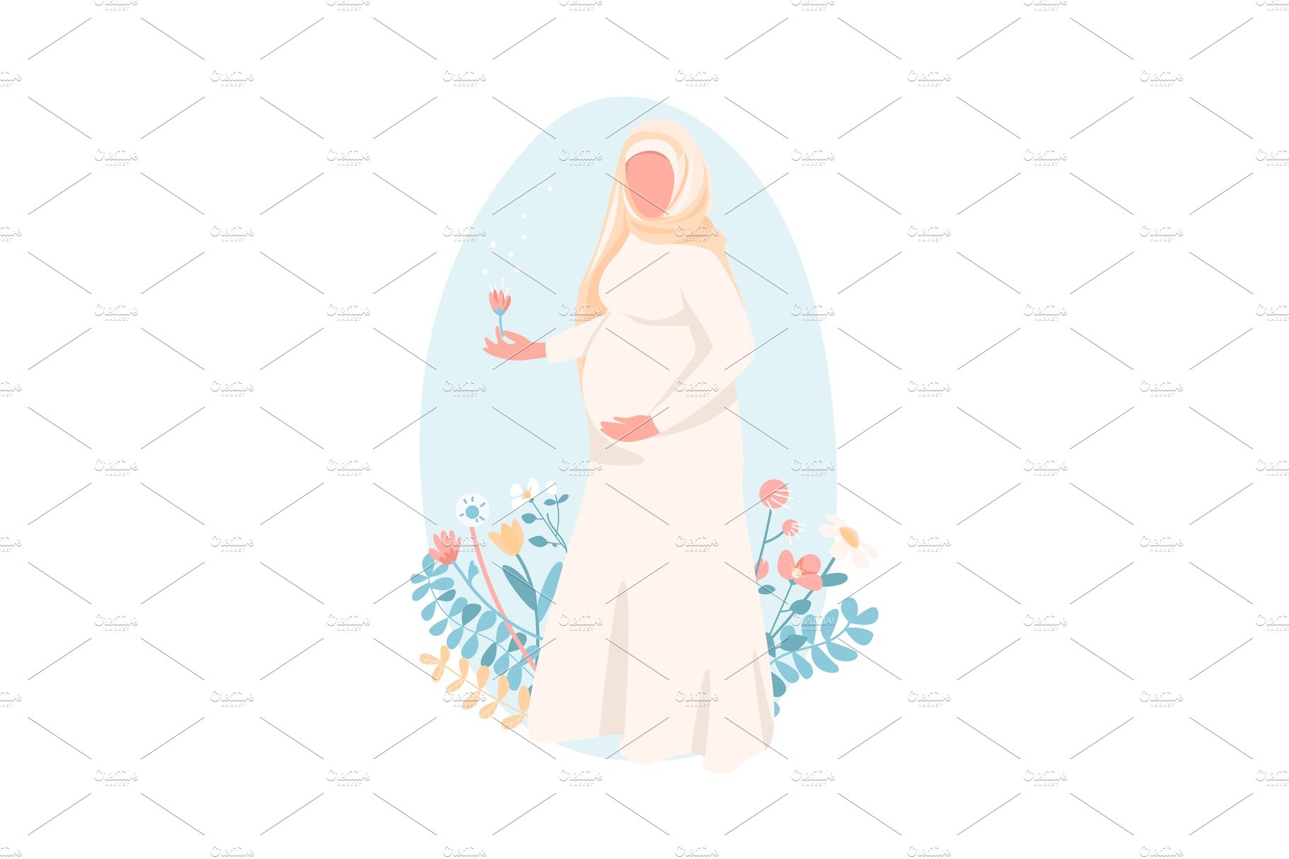 Pregnant muslim woman flat character cover image.