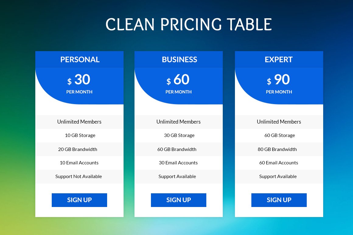 Clean Pricing Tables cover image.