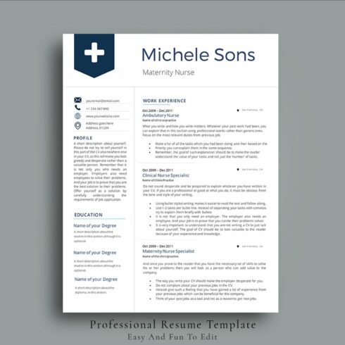 Professional resume template with a blue cross.