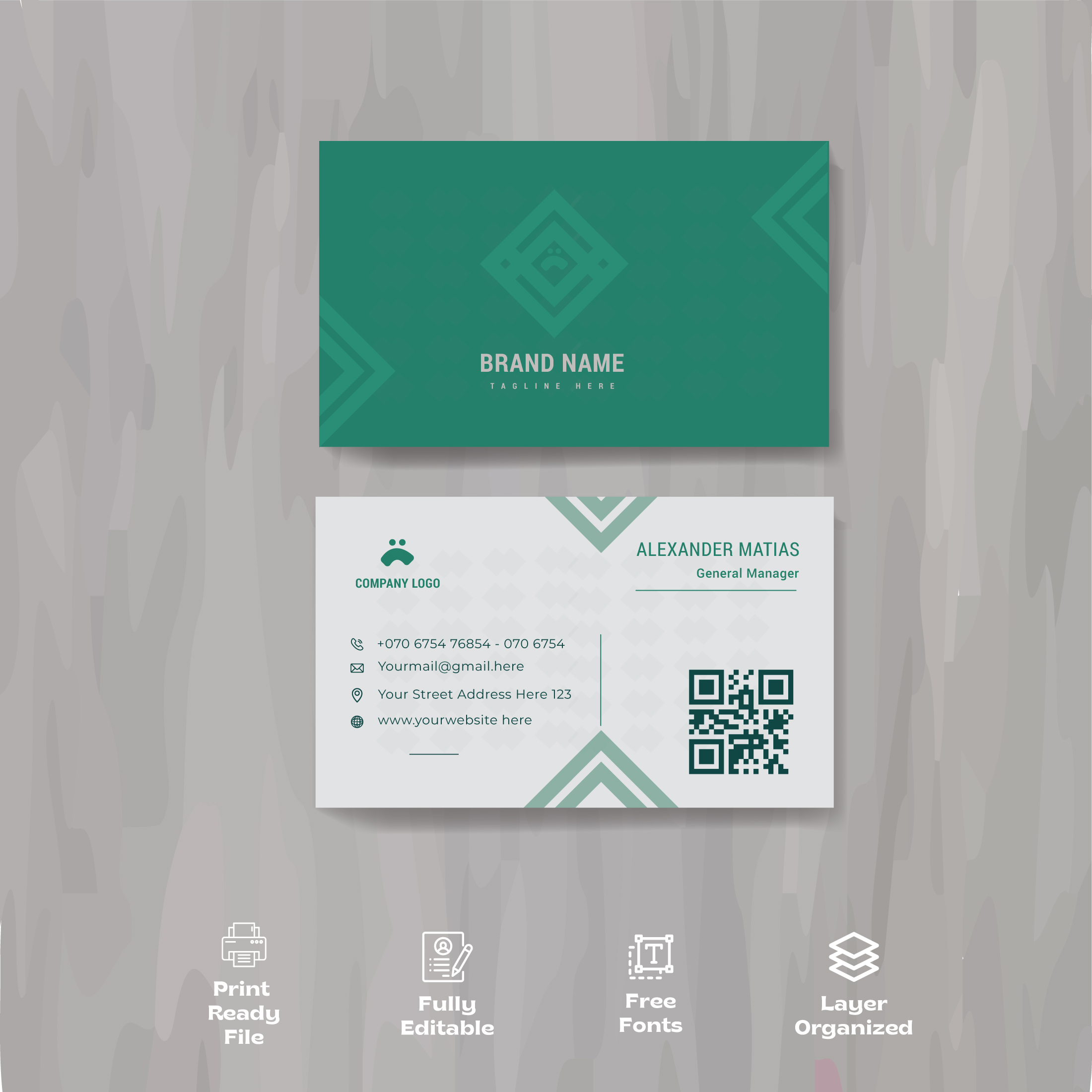 Green and white business card with a qr code.