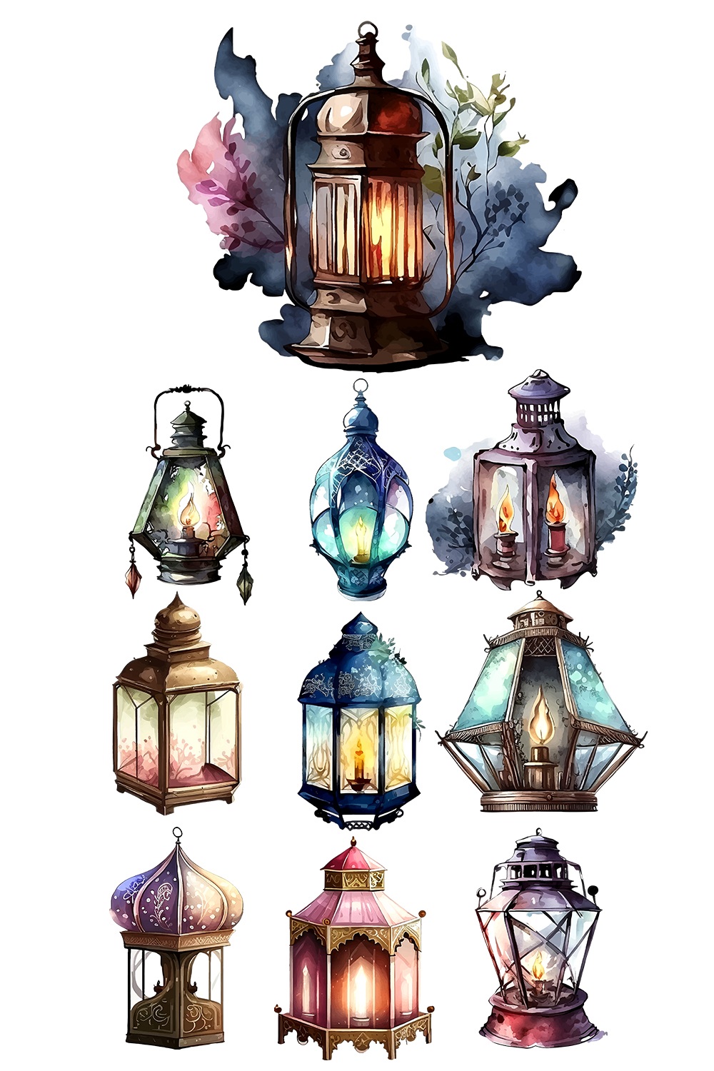 Islamic Watercolor lantern collection for Ramadan and Eid Celebration Design pinterest preview image.