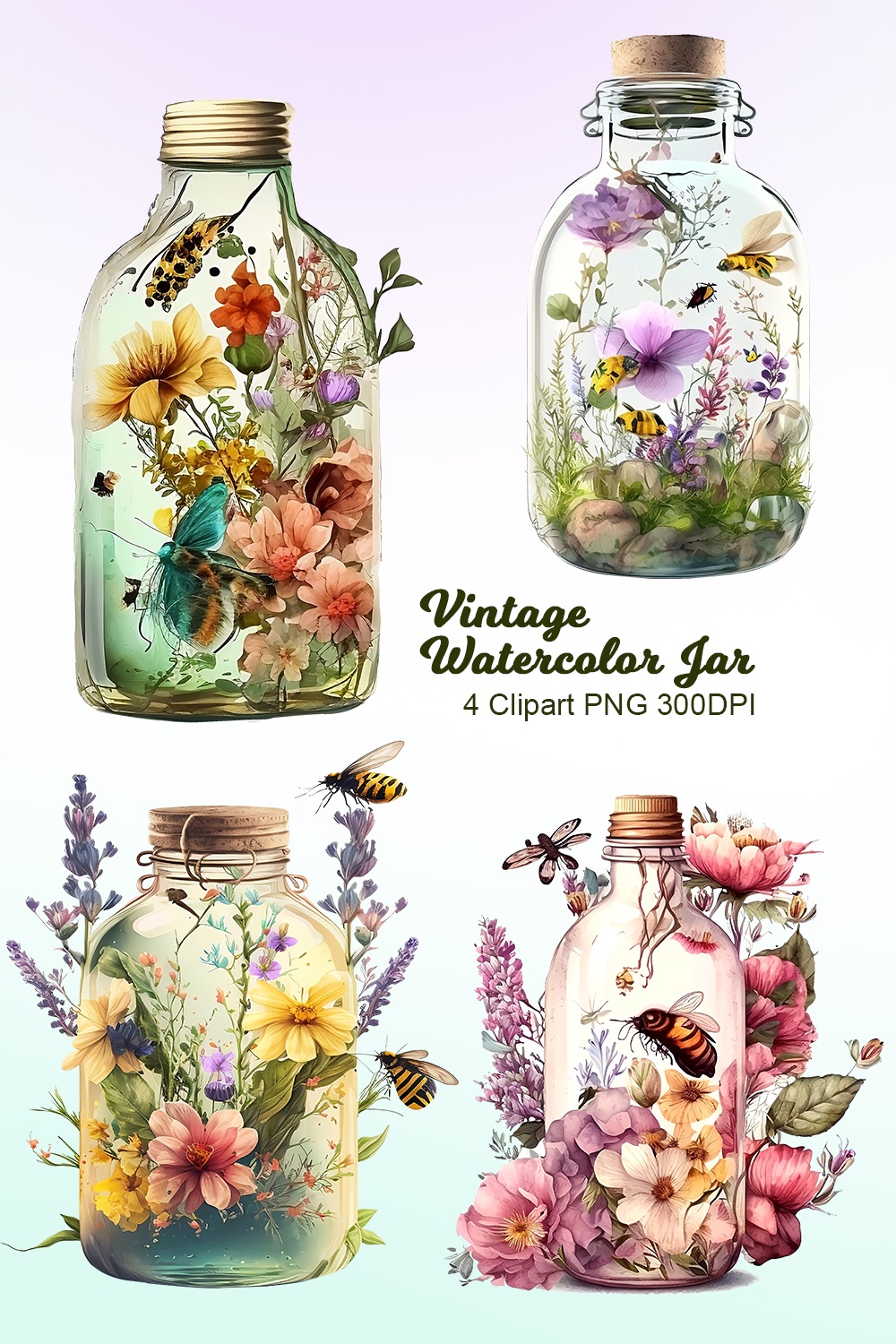Beautiful Vintage Floral Watercolor Jar Clipart with transparent background pinterest preview image.