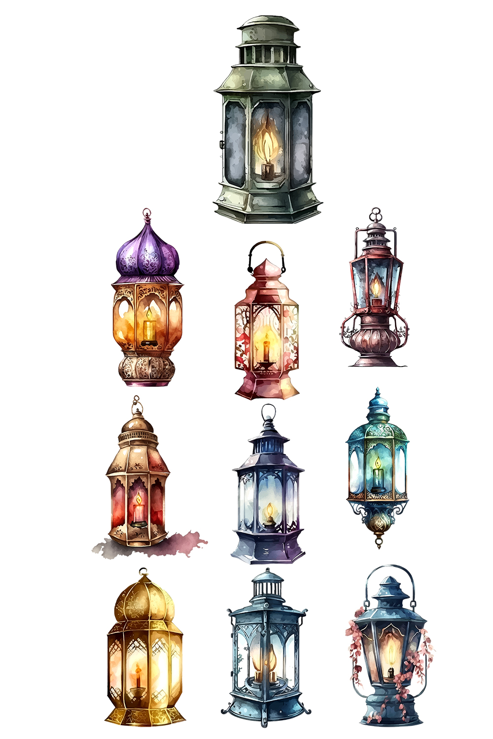 Watercolor lantern collection for Ramadan and Eid Celebration Design pinterest preview image.