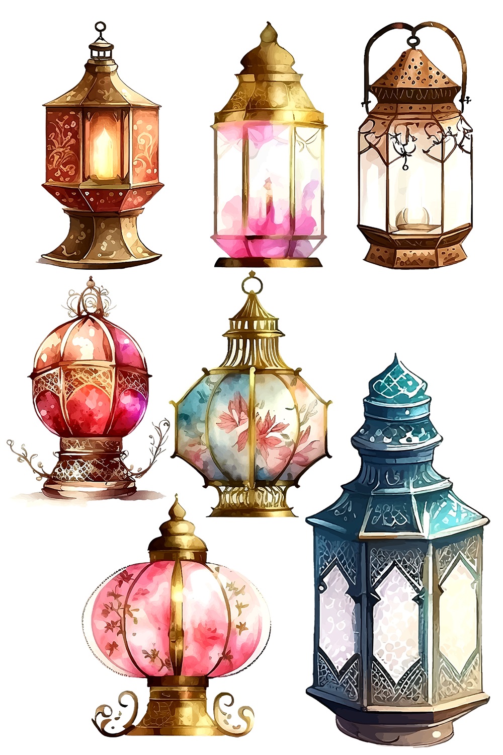 Watercolor lantern vector collection for Ramadan and Eid Celebration Design pinterest preview image.