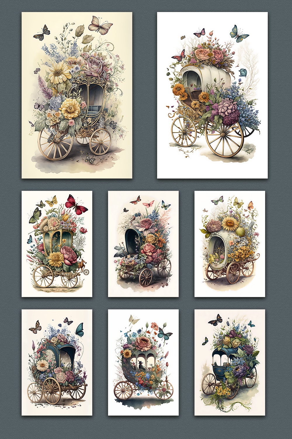 A Beautiful Vintage Floral Watercolor carriage with flowers and butterflies Art Bundle pinterest preview image.