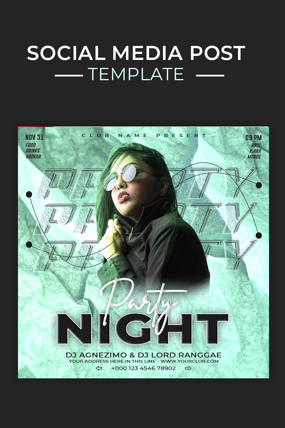 Night party flyer social media post and instagram banner template pinterest preview image.