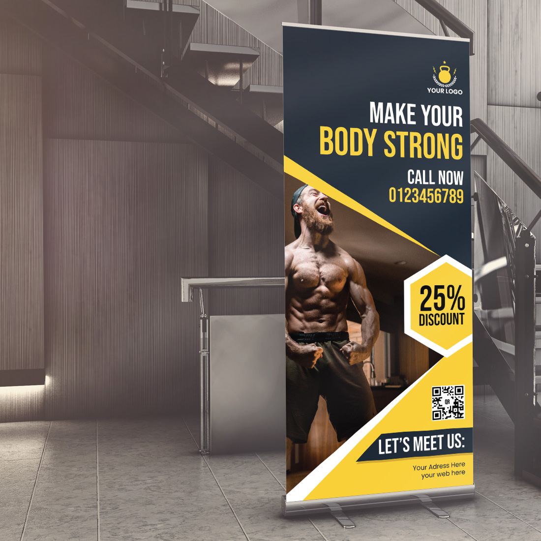 Roll up banner with a picture of a muscular man.