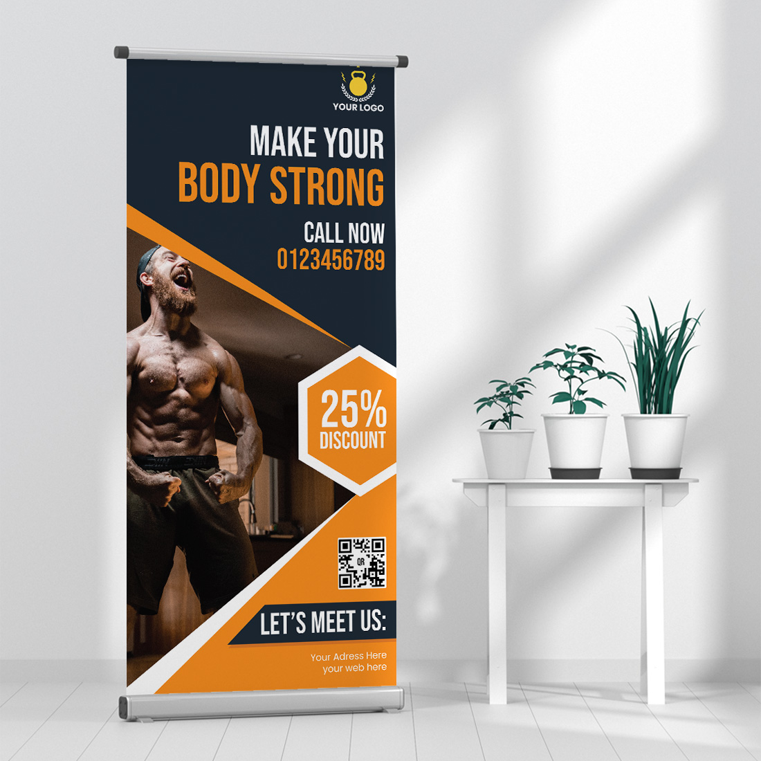 Roll up banner with a picture of a muscular man.