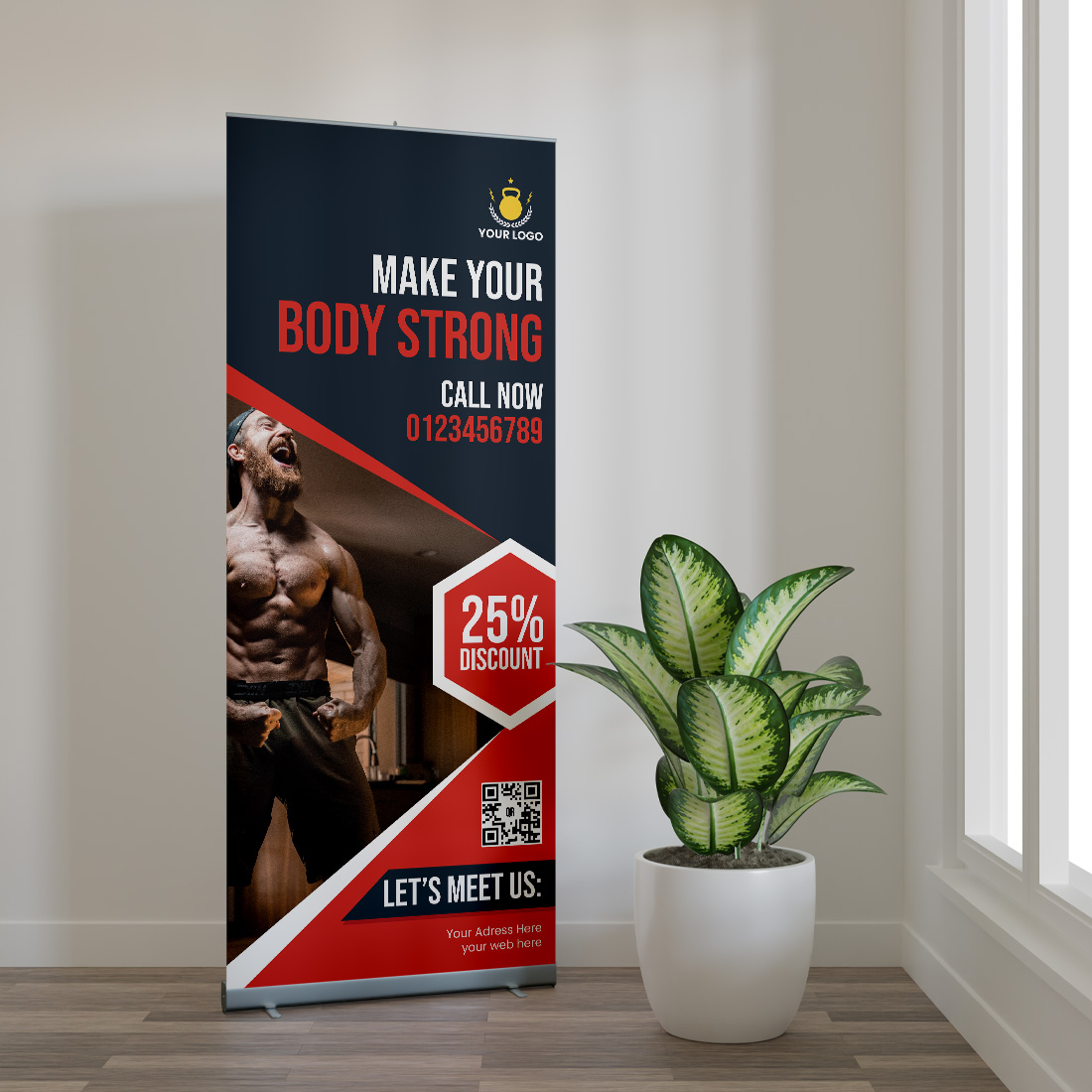 Sign advertising a bodybuilding program next to a potted plant.