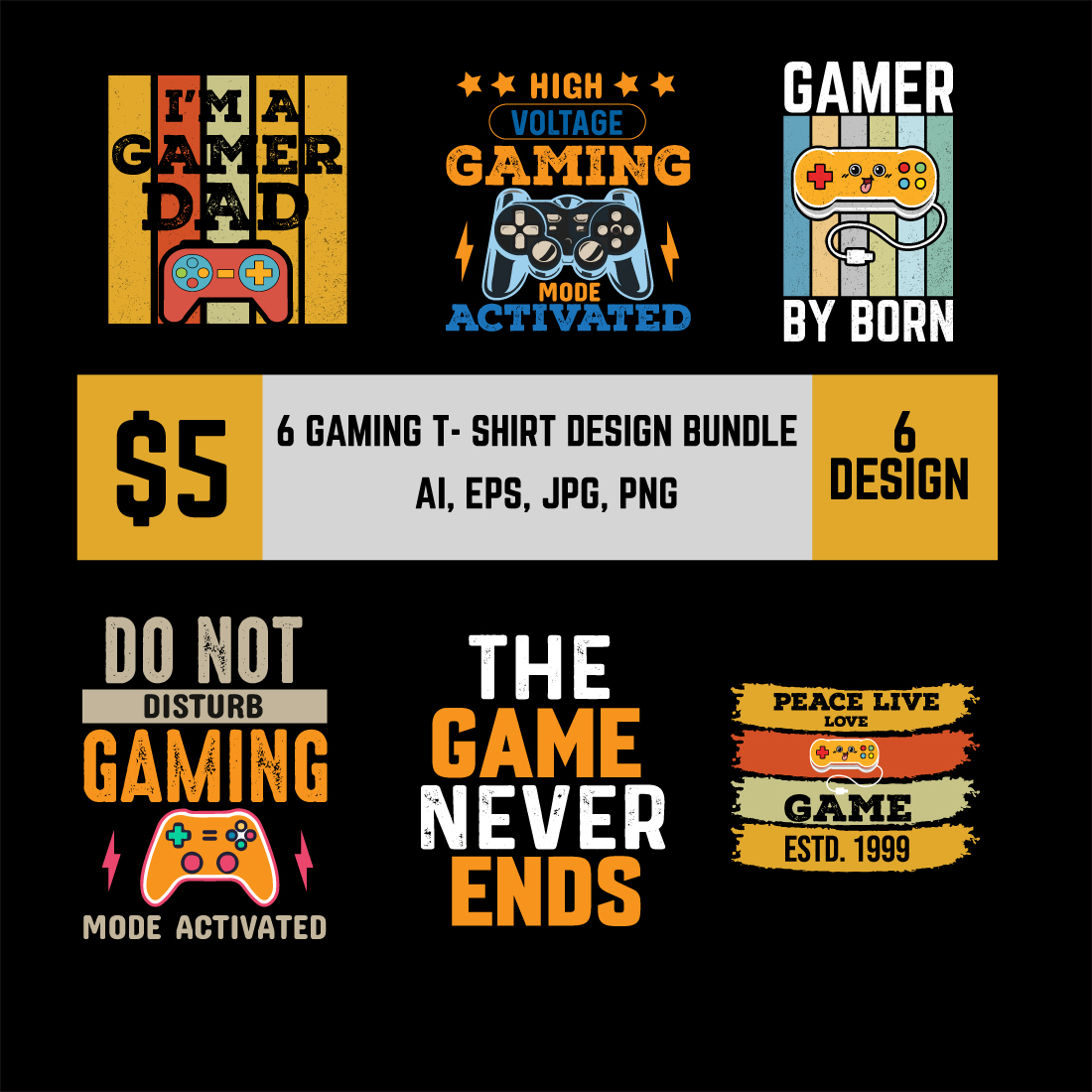 6 Gaming T-shirt Design Bundle cover image.