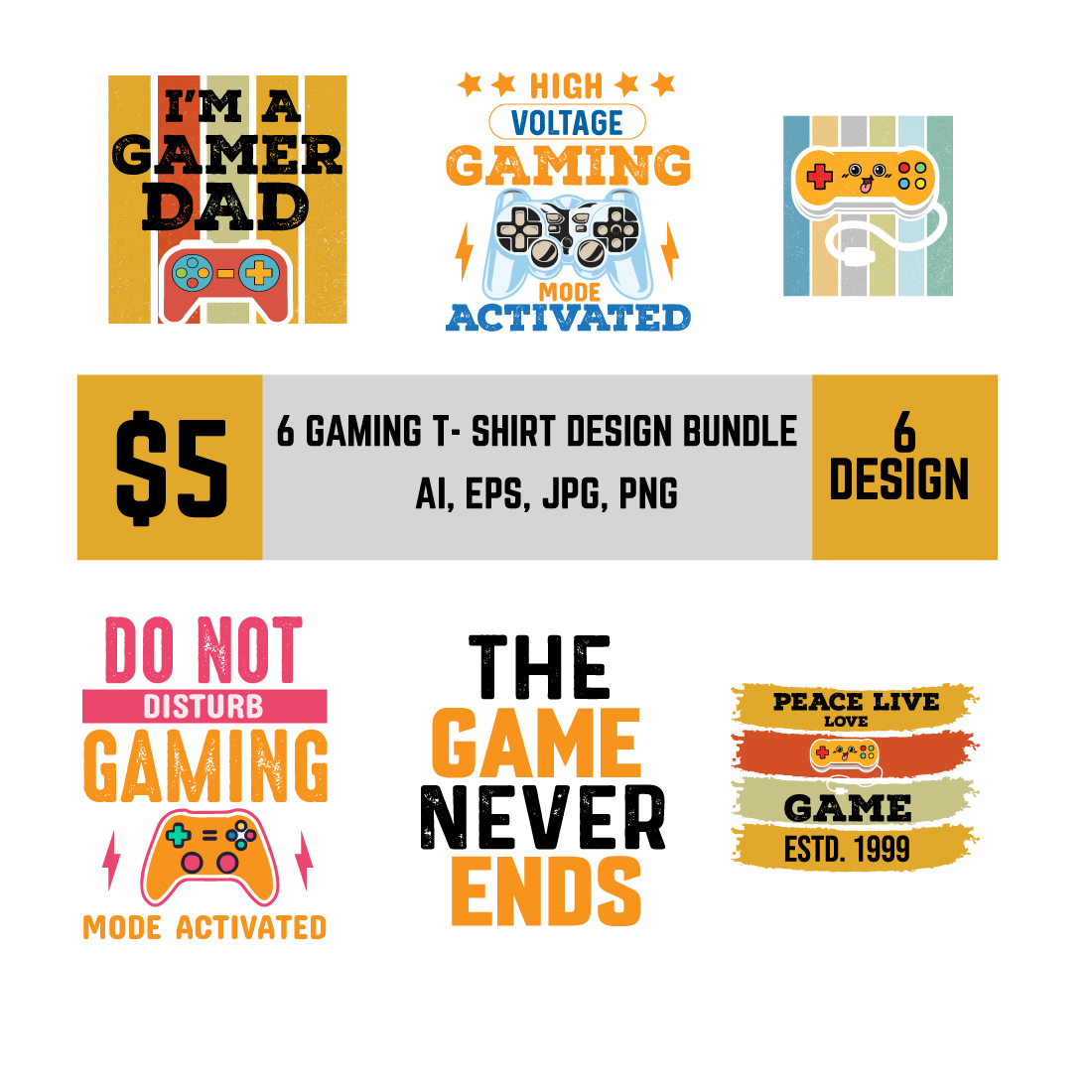 6 Gaming T-shirt Design Bundle preview image.