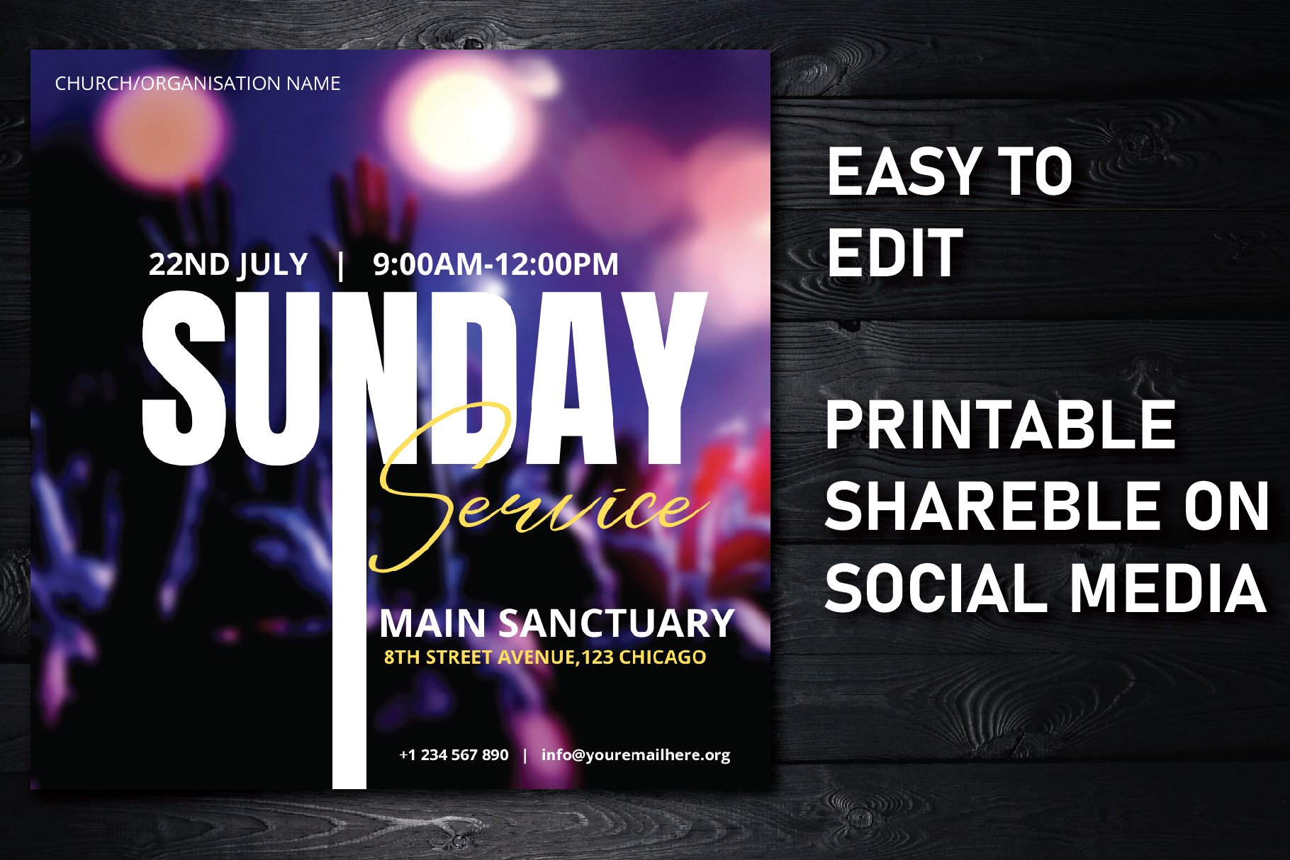 Church Service Flyer Canva Template preview image.