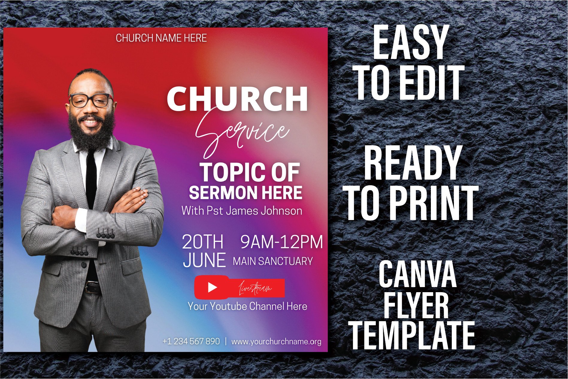 Church Service Canva Template preview image.