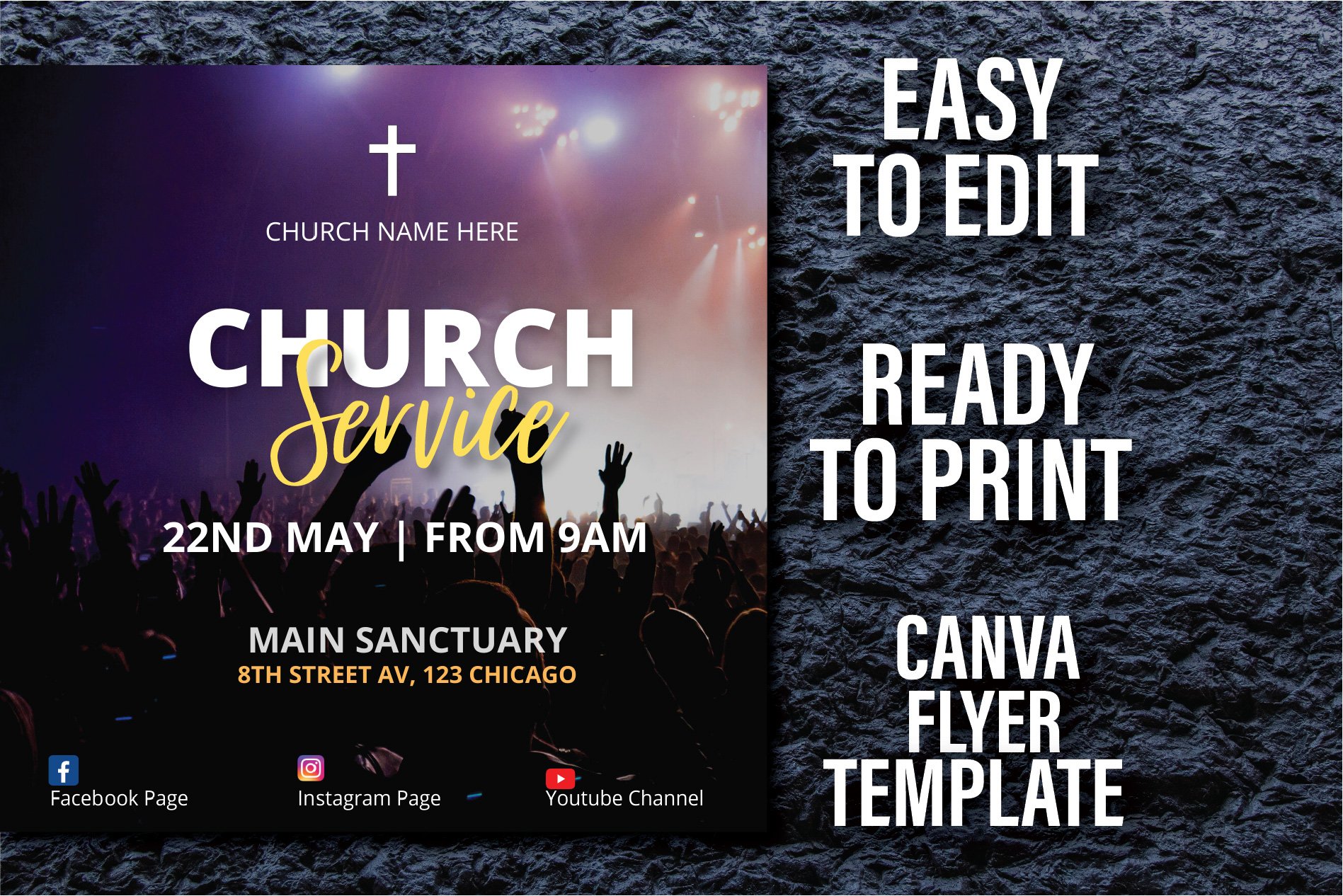 Church Service Flyer Canva Template preview image.