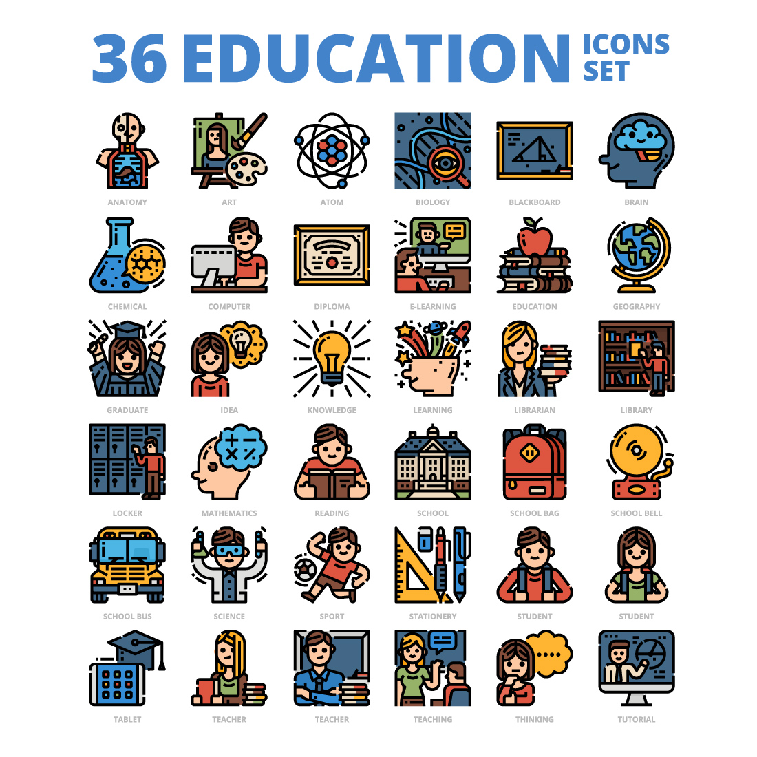 36 Education Icons Set x 4 Styles cover image.