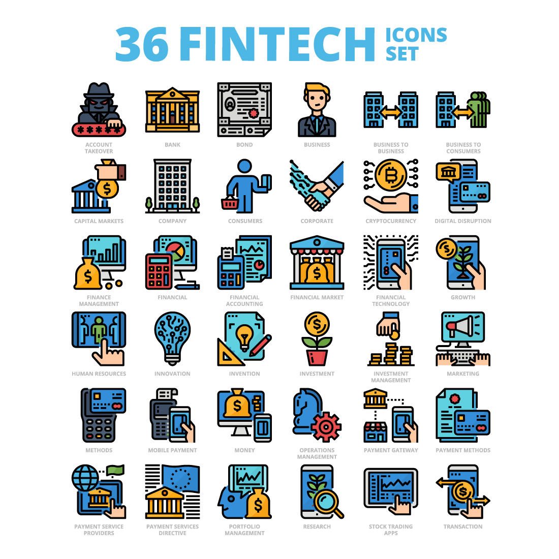 36 Fintech Icons Set x 4 Styles cover image.