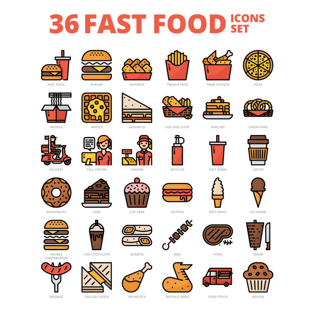 36 Fast Food Icons Set x 4 Styles - MasterBundles