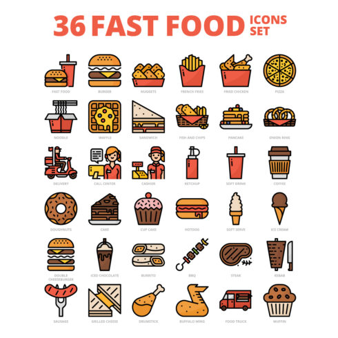 36 Fast Food Icons Set x 4 Styles cover image.
