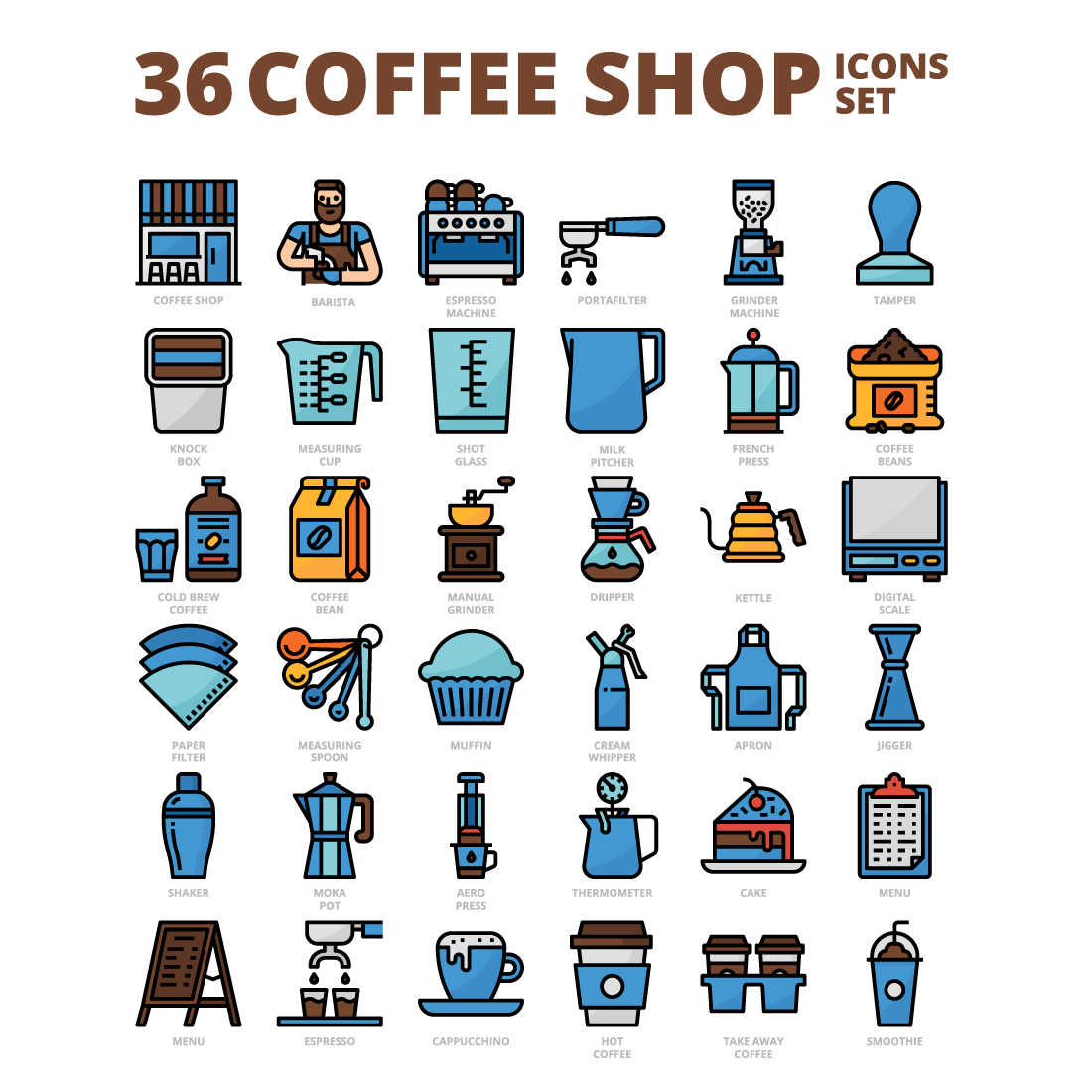 36 Coffee Shop Icons Set x 4 Styles cover image.