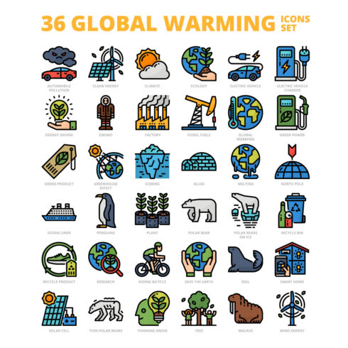 36 Global Warming Icons Set x 4 Styles cover image.