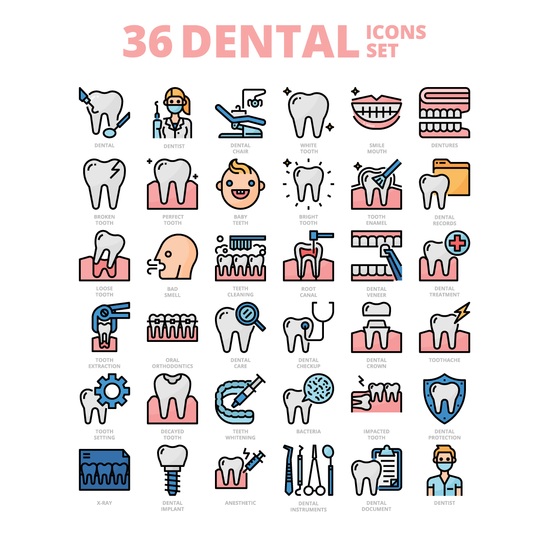 36 Dental Icons Set x 4 Styles cover image.