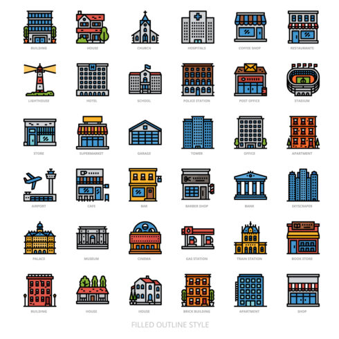 36 Building Icons Set x 4 Styles cover image.