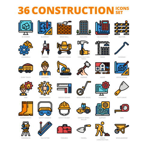 36 Construction Icons Set x 4 Styles cover image.