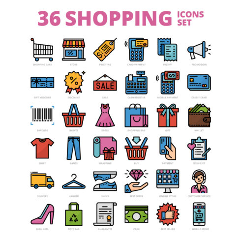 36 Shopping Icons Set x 4 Styles cover image.