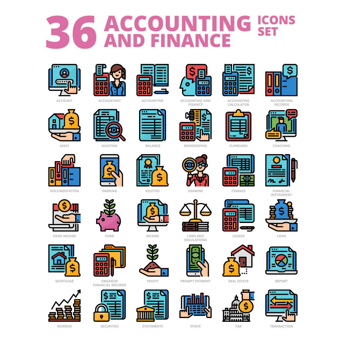 36 Accounting and Finance Icons Set x 4 Styles cover image.