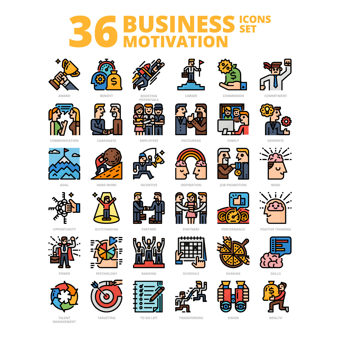 36 Business Motivation Icons Set x 4 Styles cover image.