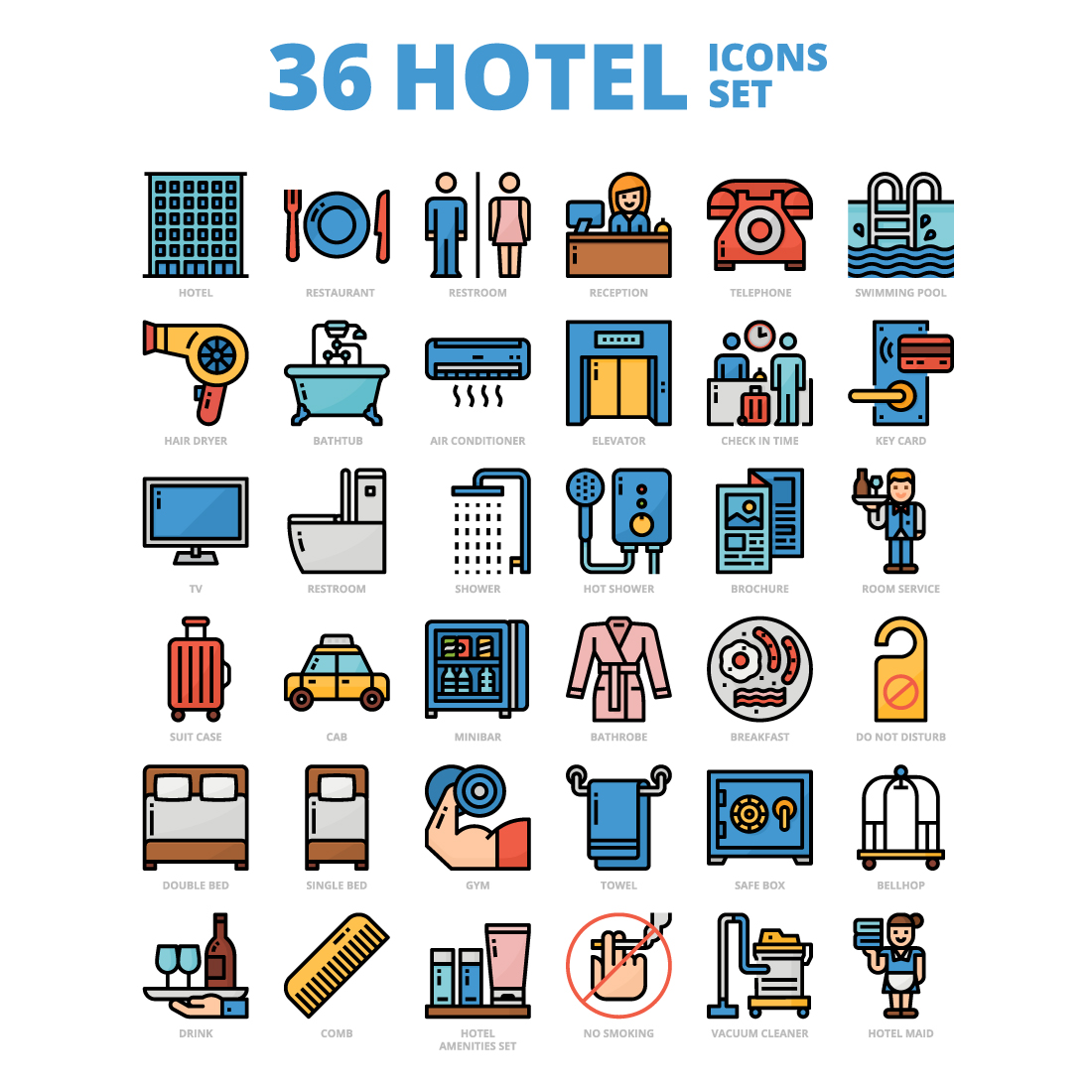 36 Hotel Icons Set x 4 Styles - MasterBundles