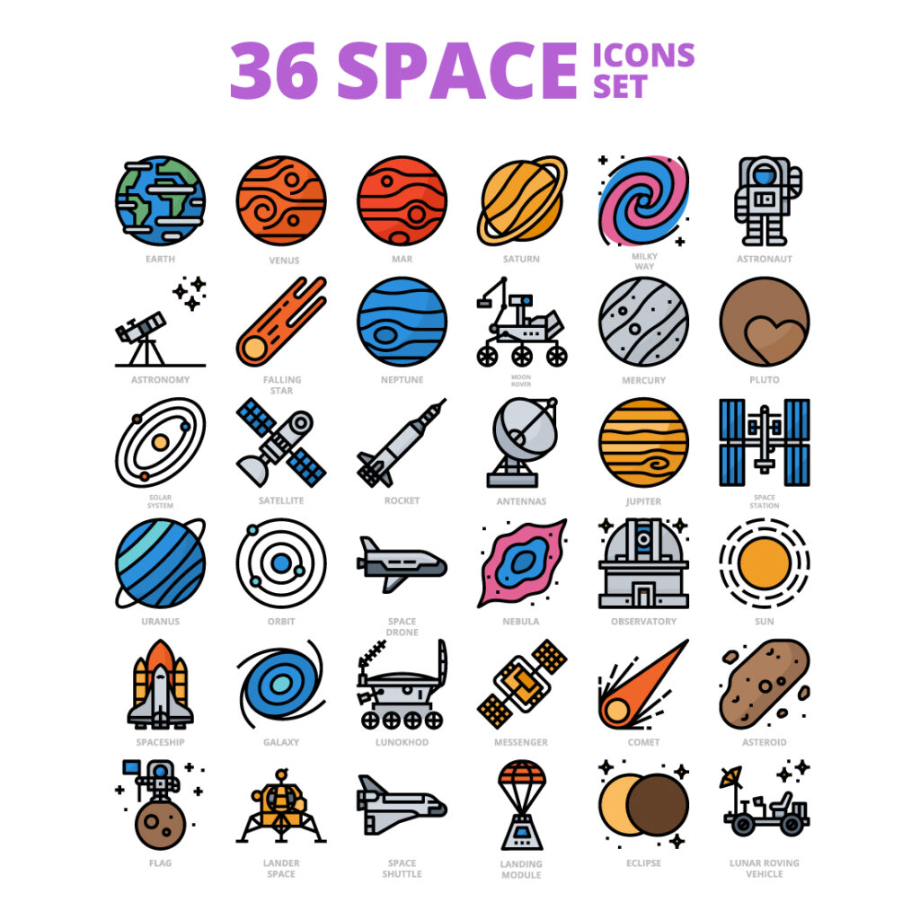 36 Space Icons Set x 4 Styles - MasterBundles