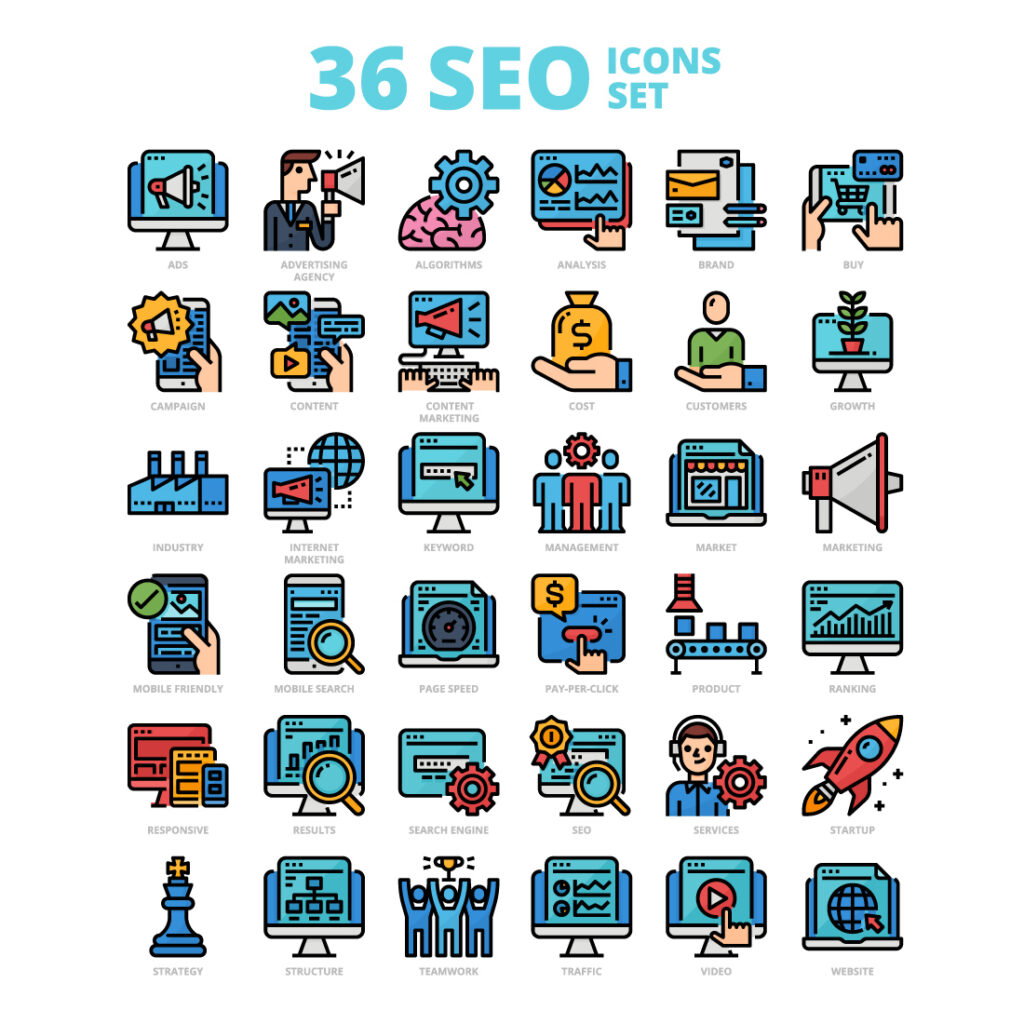 36 SEO Icons Set x 4 Styles - MasterBundles